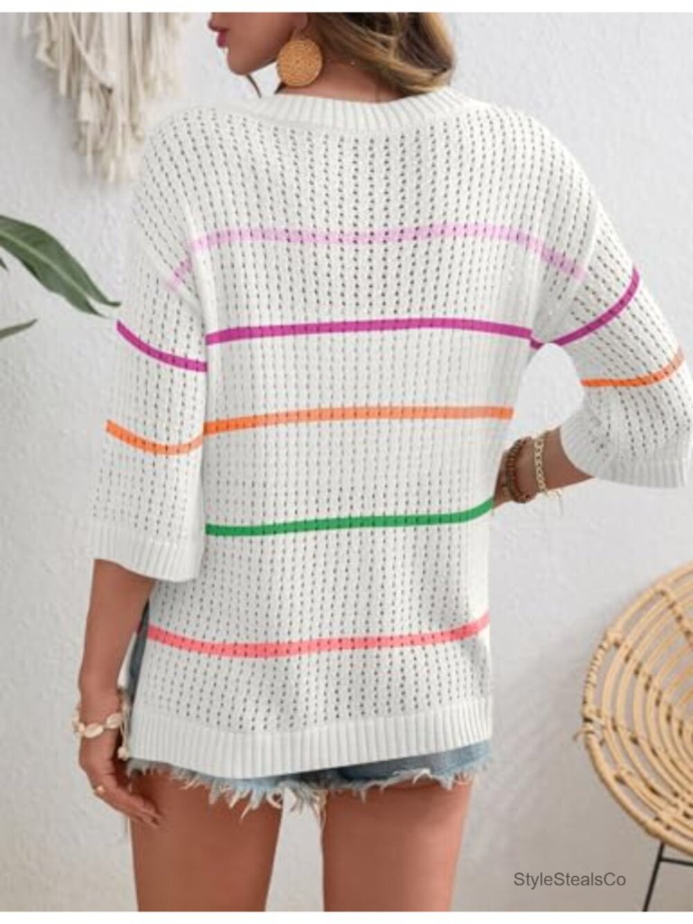 Viscose Crochet V Neck 3/4 Sleeve Knitted Pullover Sweater - Picture 4 of 5